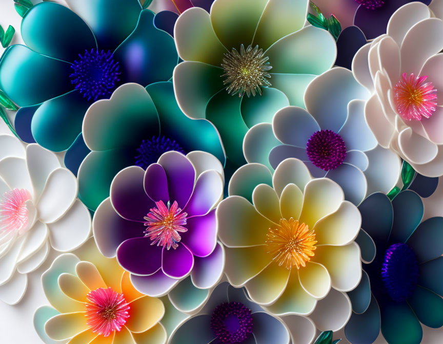 Vibrant digital artwork: Multi-layered flowers in blues, purples, yellows,