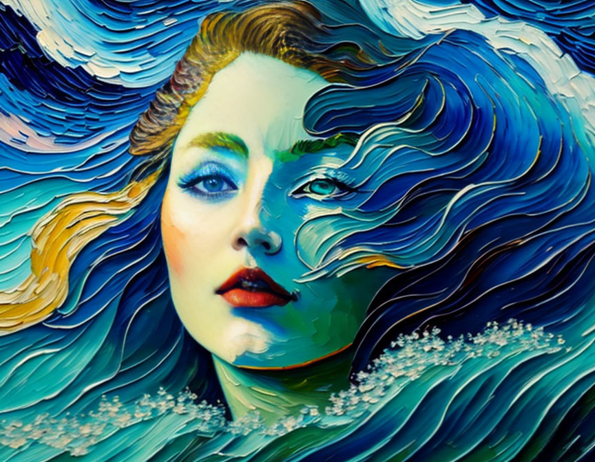 Colorful portrait of woman merging with sea and wind patterns