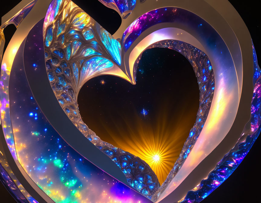 Colorful digital art: Heart-shaped cosmic portal with fractal patterns and stars