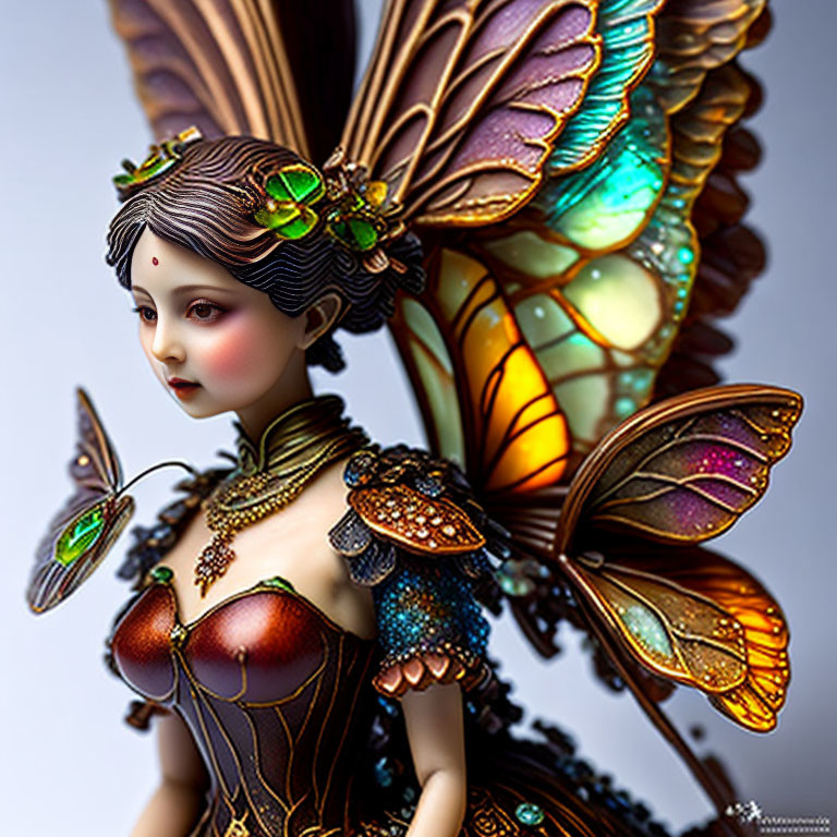 Fantasy figure with butterfly wings and gemstones, accompanied by a matching butterfly.