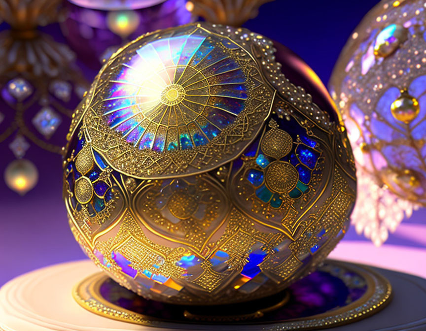 Intricate golden Fabergé egg with jewels on purple pedestal