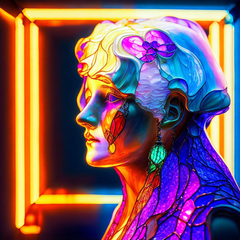 Colorful portrait with face paint and earring against square backdrop