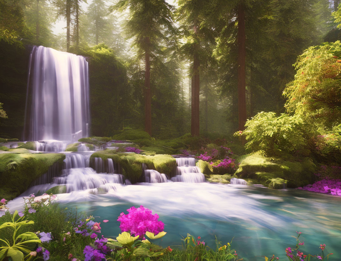 Tranquil waterfall cascading into blue stream amidst lush greenery and pink flowers