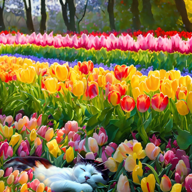 Cat napping in vibrant tulip garden.