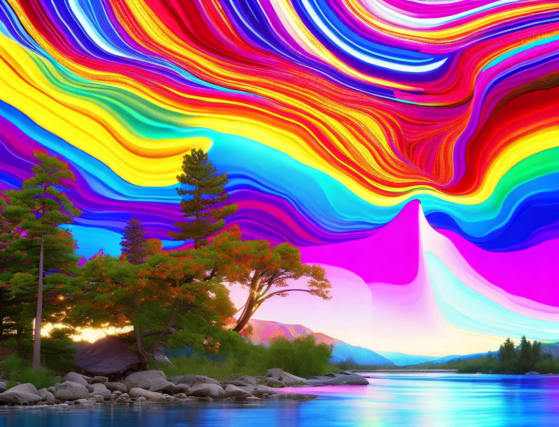 Digitally altered image: Vibrant blend of landscape and colorful sky wave