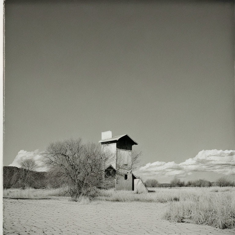 Monochrome image of solitary guard tower in desolate landscape