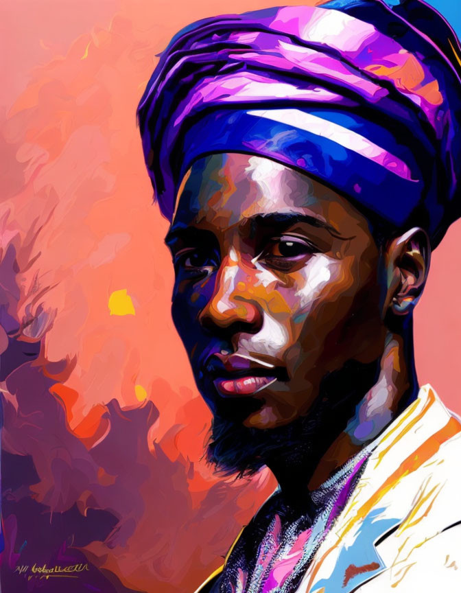 Vibrant digital portrait of a man with blue turban and expressive brush strokes