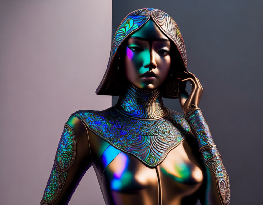 Metallic body paint with intricate patterns and futuristic helmet under colorful lighting.