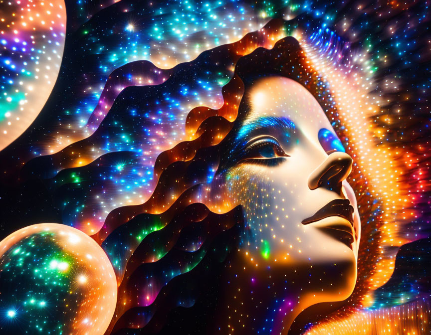 Colorful digital artwork: woman's face merges with cosmic background