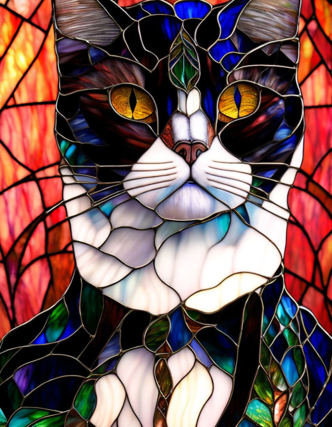 Colorful Stained Glass Cat Illustration with Intricate Patterns