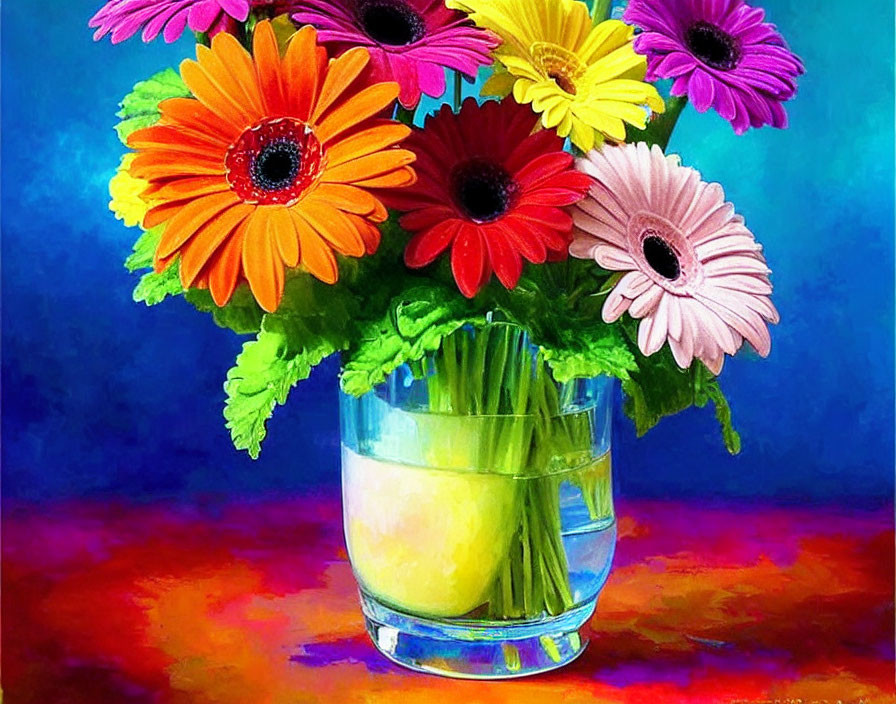 Colorful Gerbera Daisies in Glass Vase on Textured Background