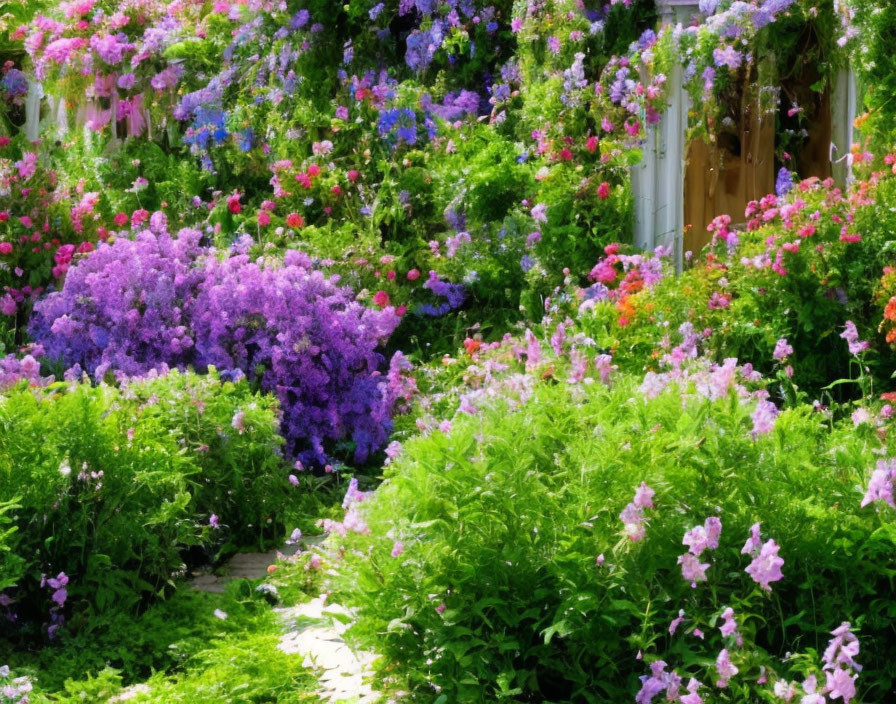 Vibrant garden with purple, pink, and green flowers along a winding path