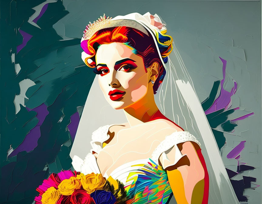 Colorful Bridal Illustration with Traditional Veil & Abstract Background