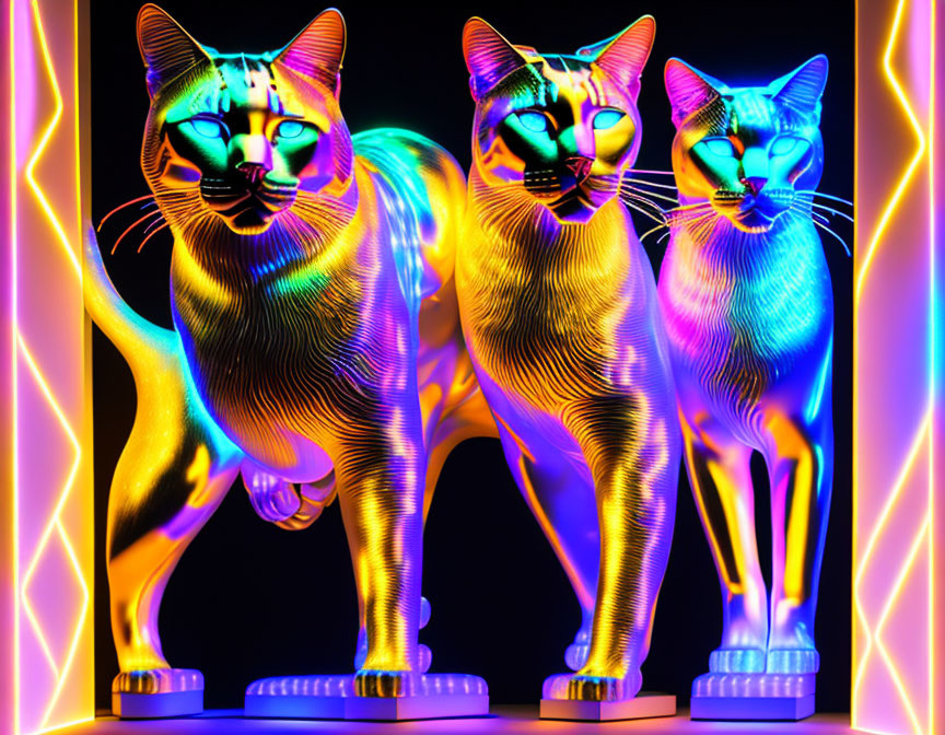 Vibrant gold, blue, and purple cat statues on neon background