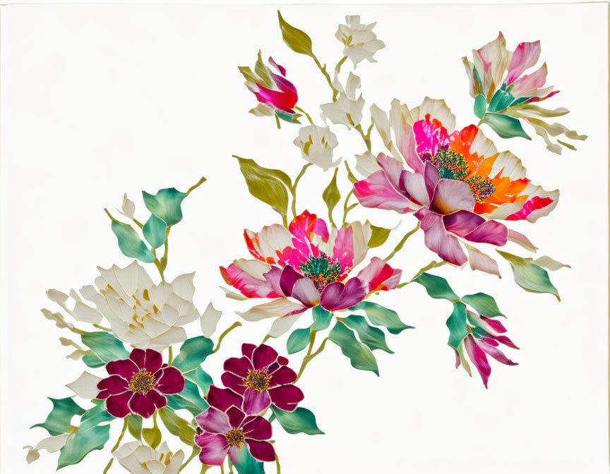 Colorful Flower Illustration with Pink and White Blossoms on White Background