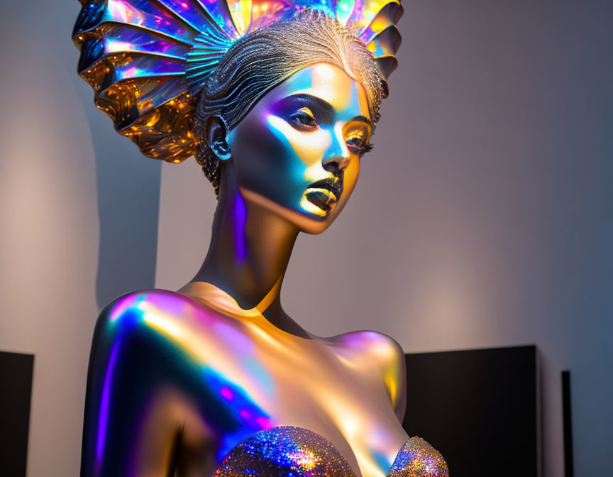 Iridescent Mannequin with Elaborate Headpiece and Rainbow Effect