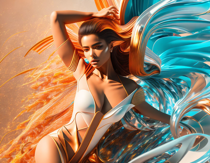 Abstract digital artwork of woman with flowing hair in golden and blue metallic shapes on amber background