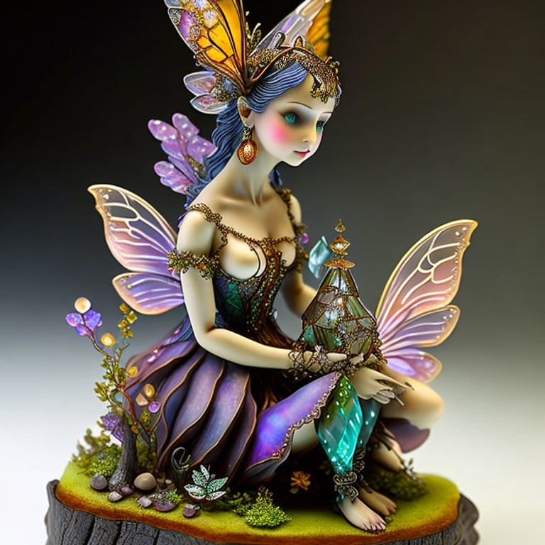 Colorful Fairy Figurine with Butterfly Wings and Lantern on Stump