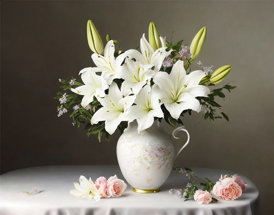 White lilies bouquet with pink roses on draped table