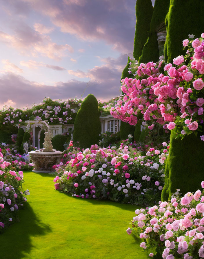 Vibrant pink roses in lush garden with stone fountain