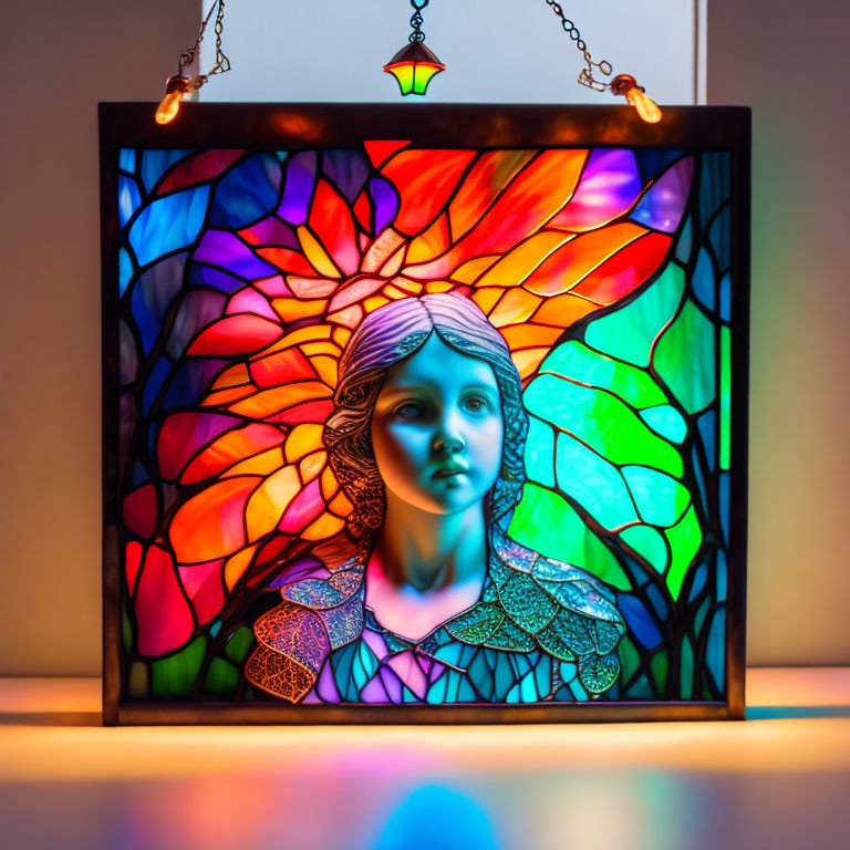 Vibrant stained glass artwork of a woman's face with abstract patterns