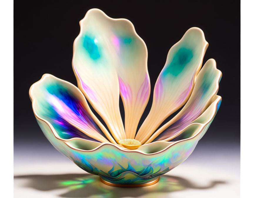 Iridescent glass sculpture of open flower with wavy edges in pastel hues on black background