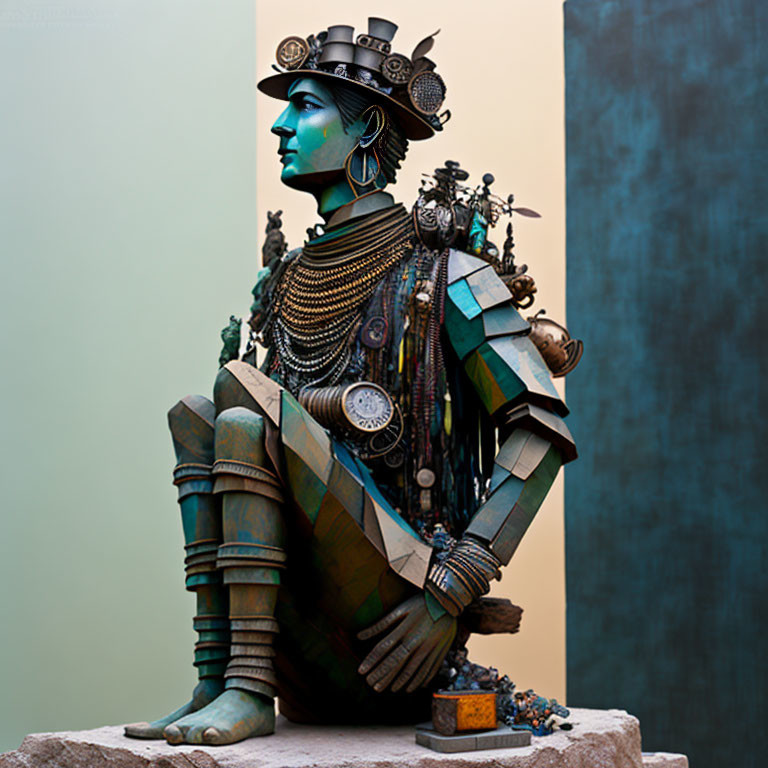 Steampunk-inspired blue-skinned seated figure adorned with gears and metallic ornaments