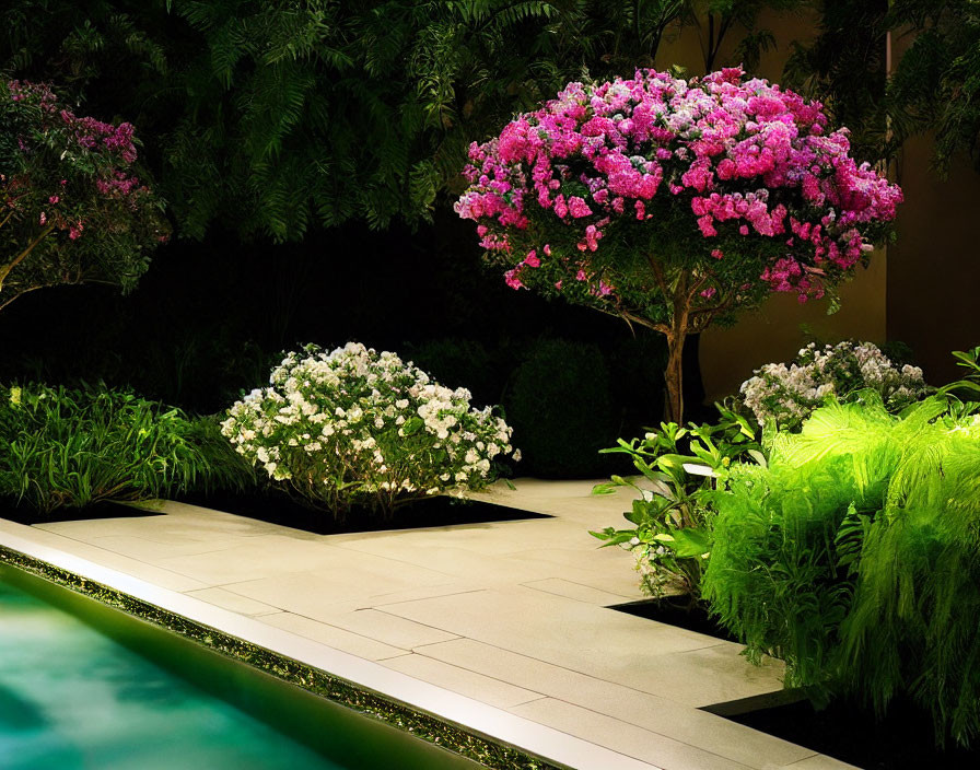 Tranquil Night Garden with Pink and White Flowers