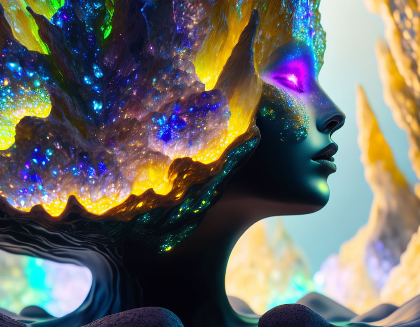 Profile of female figure with galaxy colors on skin and hair against crystal background