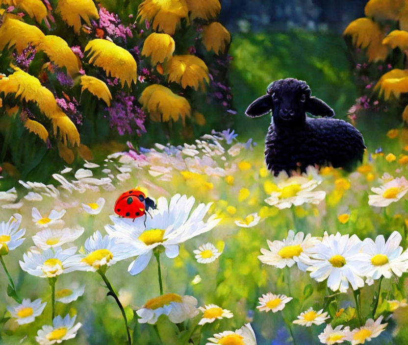 Ladybug on white daisies with black sheep in vibrant garden