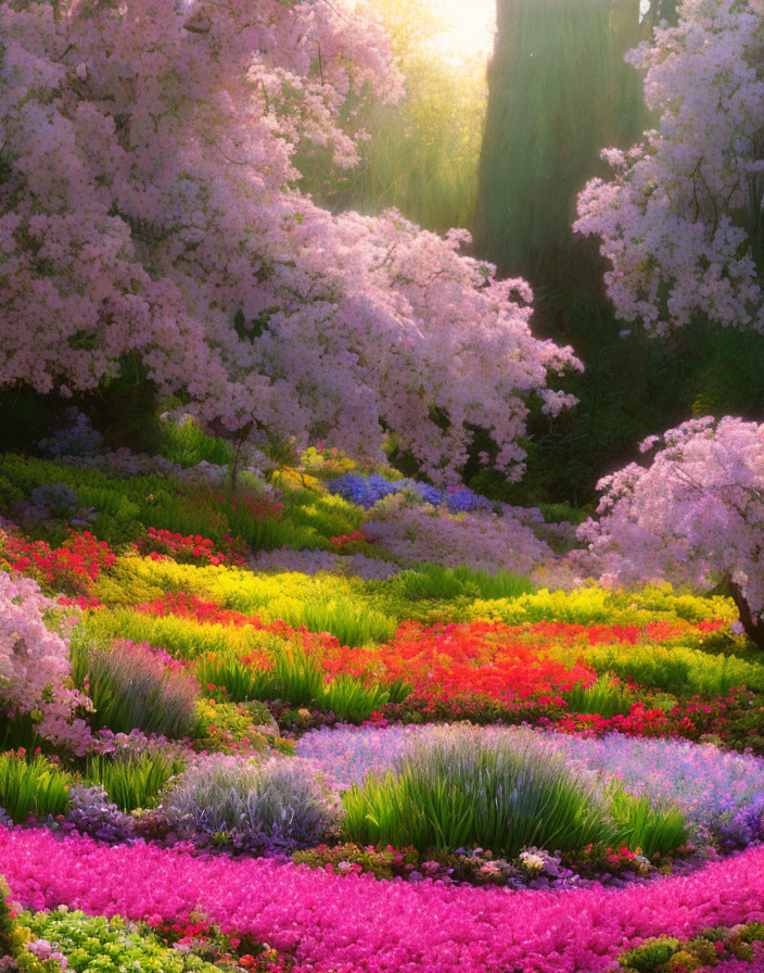 Vibrant garden with cherry blossoms and colorful flowers