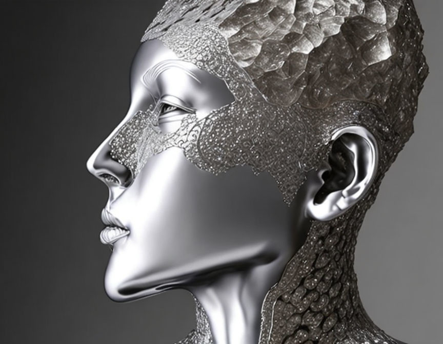 Metallic humanoid sculpture with intricate scale-like textures.