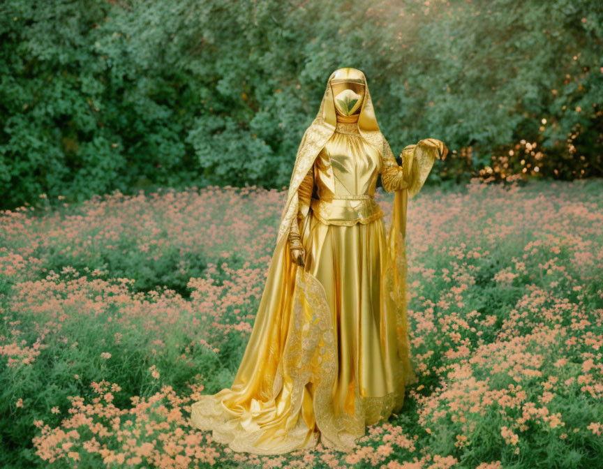 Elaborate golden costume person in pink flower field