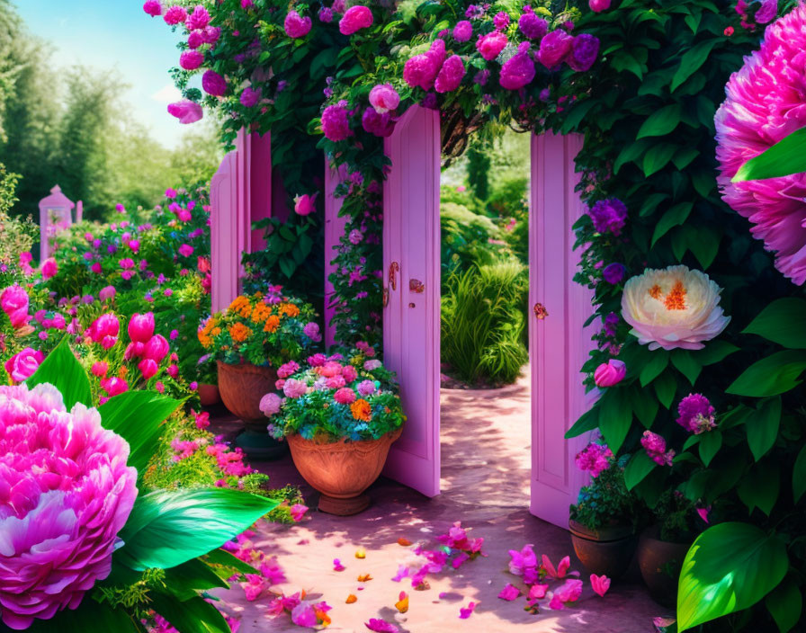 Colorful Garden with Pink Doors and Lush Flowers