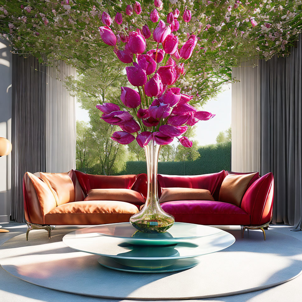 Stylish living room with pink flower bouquet on round coffee table