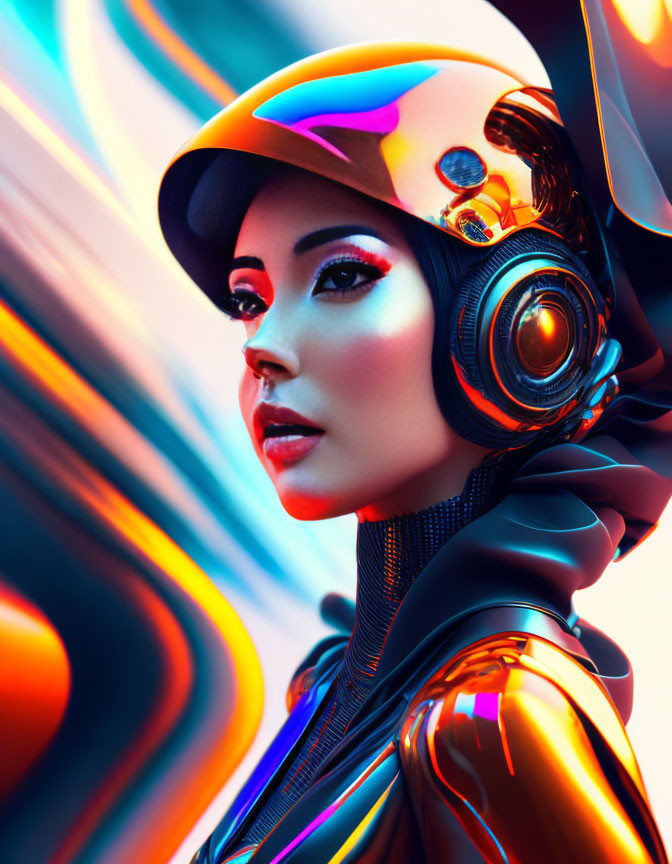 Vibrant makeup woman in futuristic helmet and headphones