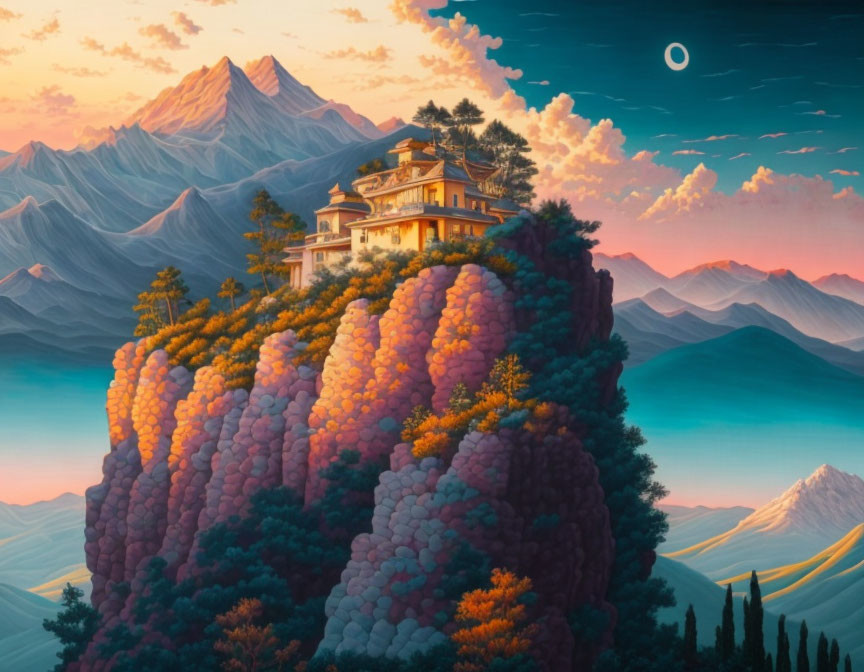 Colorful artwork: ornate building on cliff with pink trees, mountains, twilight sky.