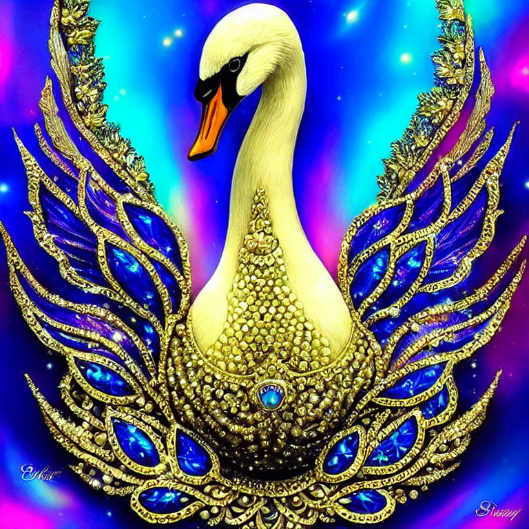 Colorful Swan with Peacock-Themed Adornment on Galaxy Background