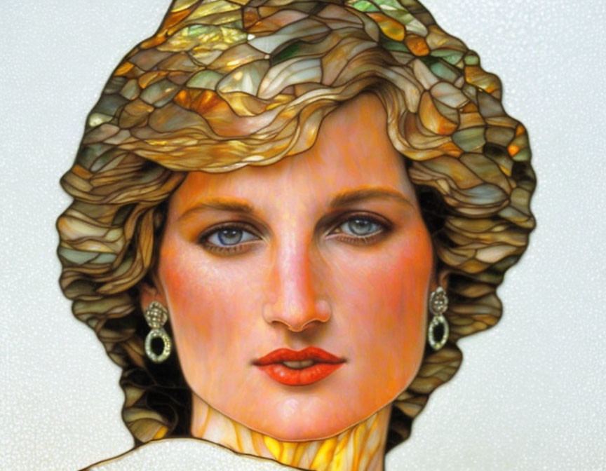 Woman with Wavy Ornate Hair and Pearl Earrings in Art Nouveau Style