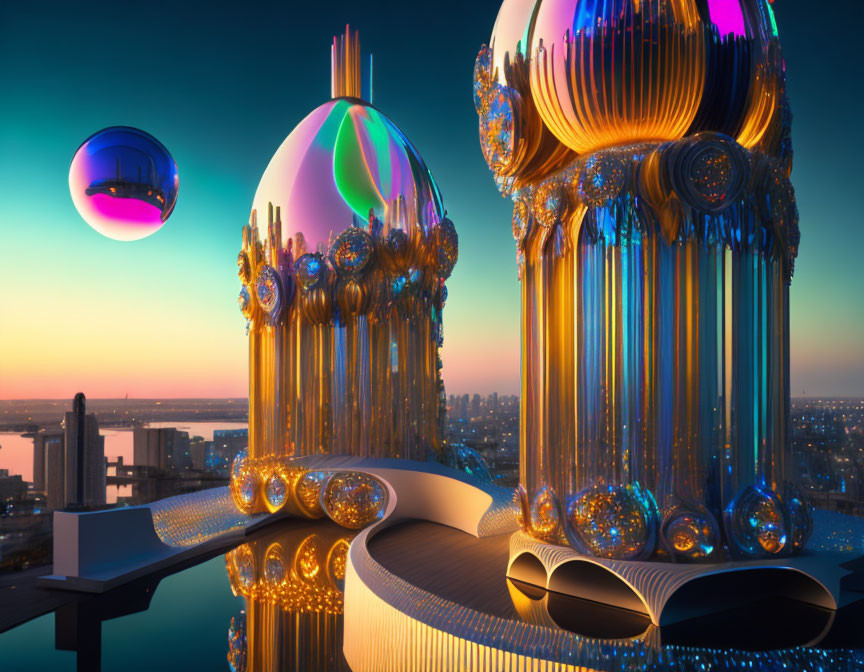 Futuristic cityscape at dusk with metallic structures and rainbow orb