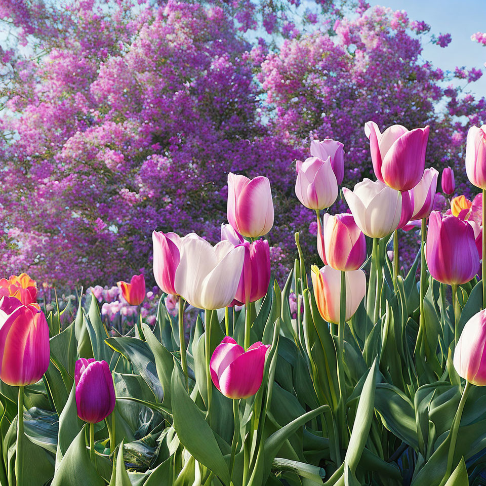 Lush Green Garden with Colorful Tulips and Pink Blossoms