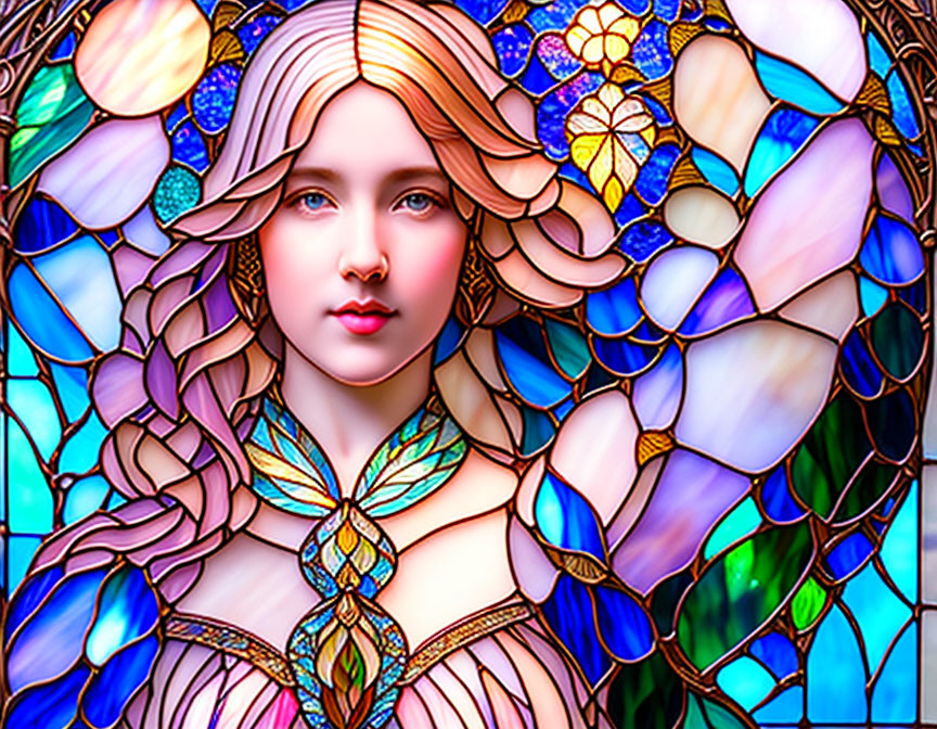 Vibrant stained glass design of a woman with fair skin and red lips