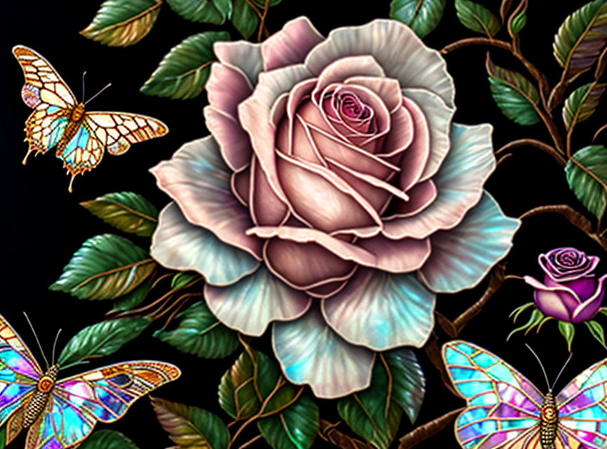 Detailed Pink Rose and Colorful Butterflies Illustration