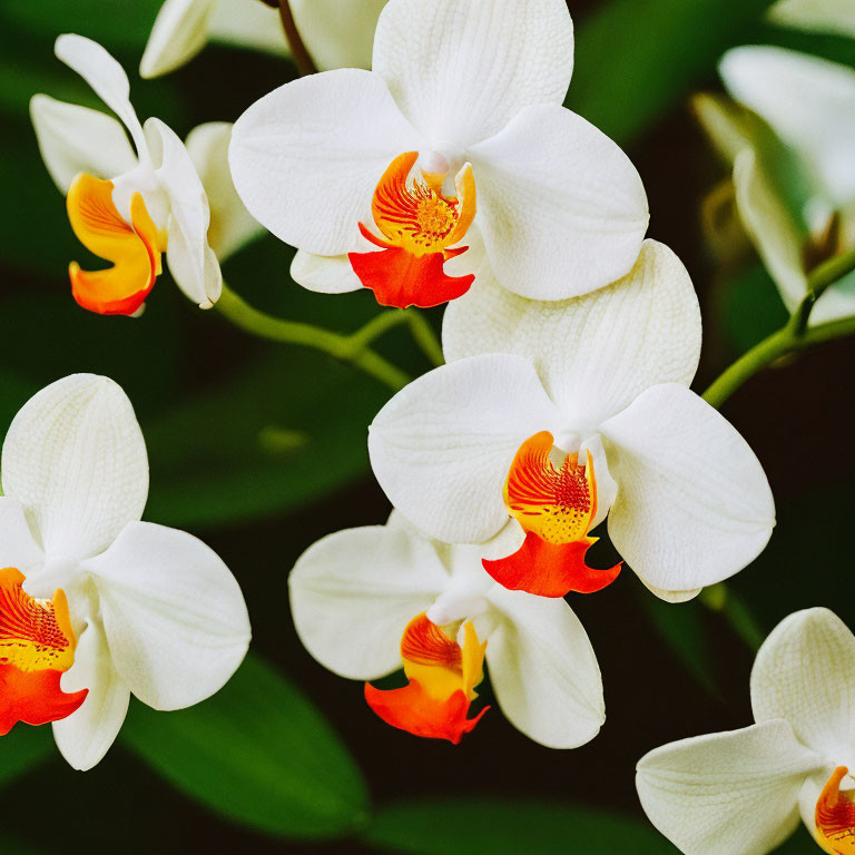 White Orchids with Orange and Red Centers on Dark Green Background