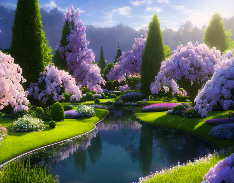 Tranquil garden with pink trees, blue pond, and lush greenery