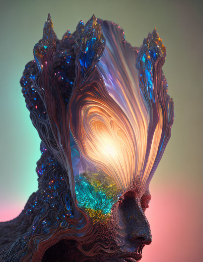 Surreal portrait with textured crystalline head and swirling patterns