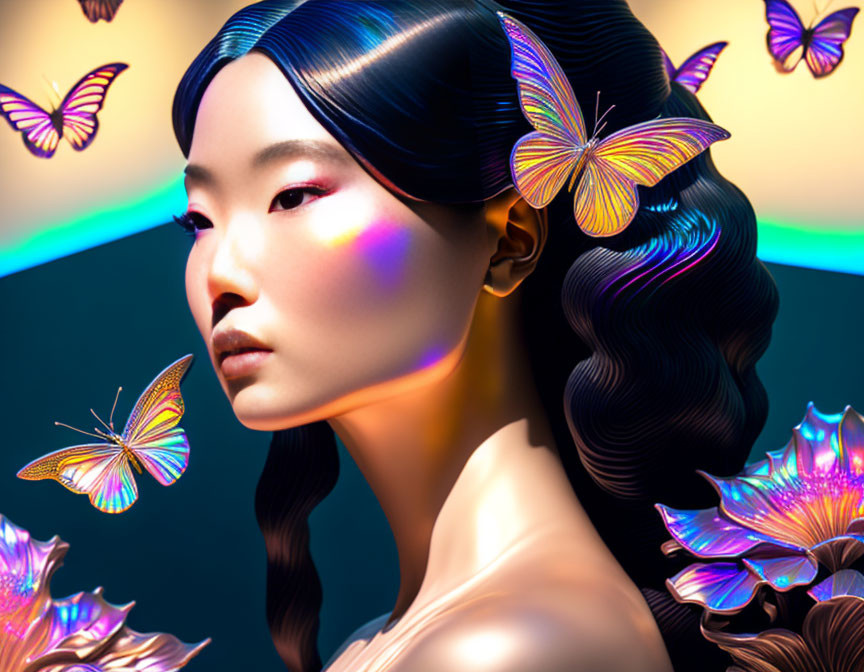 Colorful digital artwork featuring a woman with sleek hair, iridescent butterflies, and glowing flowers