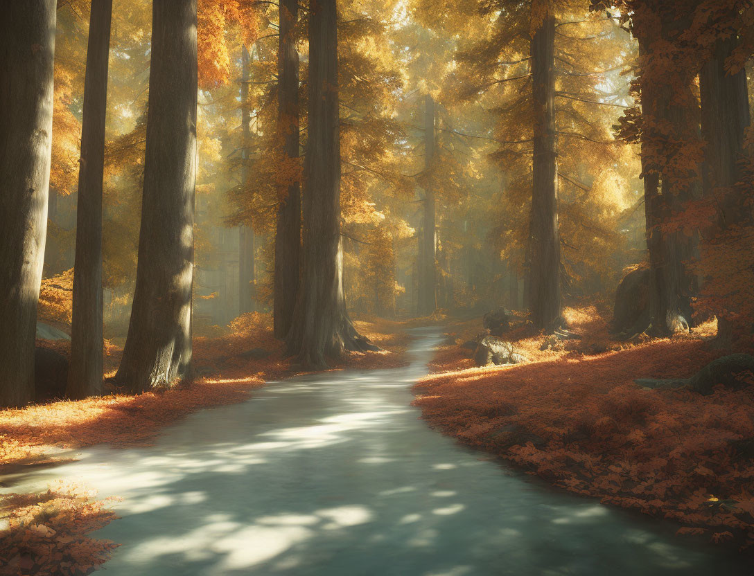 Tranquil autumn forest path with sunlight filtering through colorful foliage