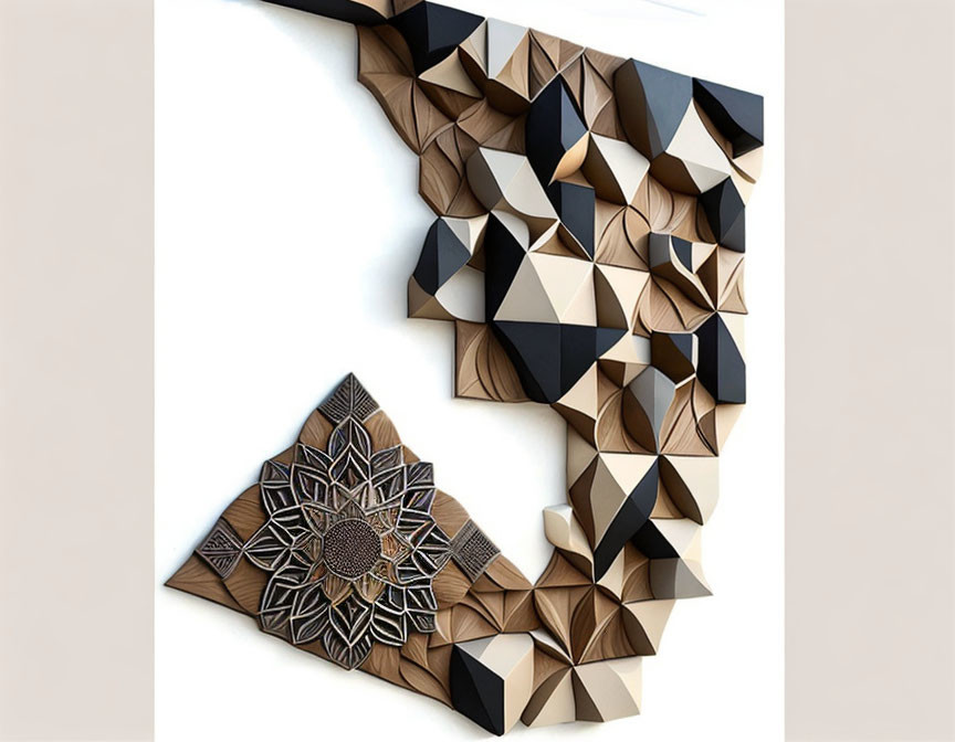 Geometric Wood Wall Art with Mandala Pattern in Browns, Blacks, and Beiges