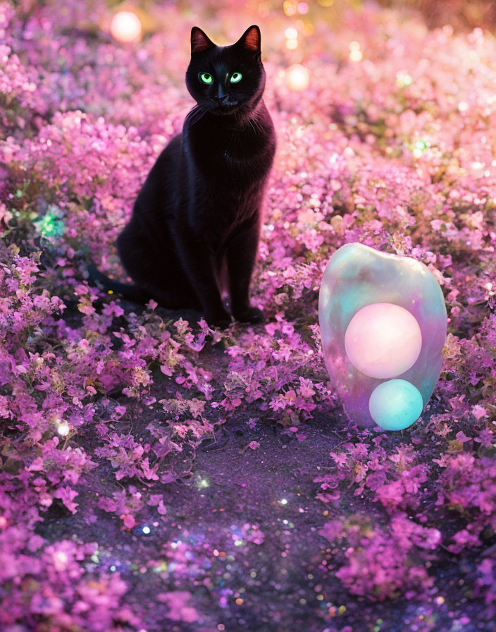 Black Cat Surrounded by Pink Flowers and Glowing Pearl-Like Object